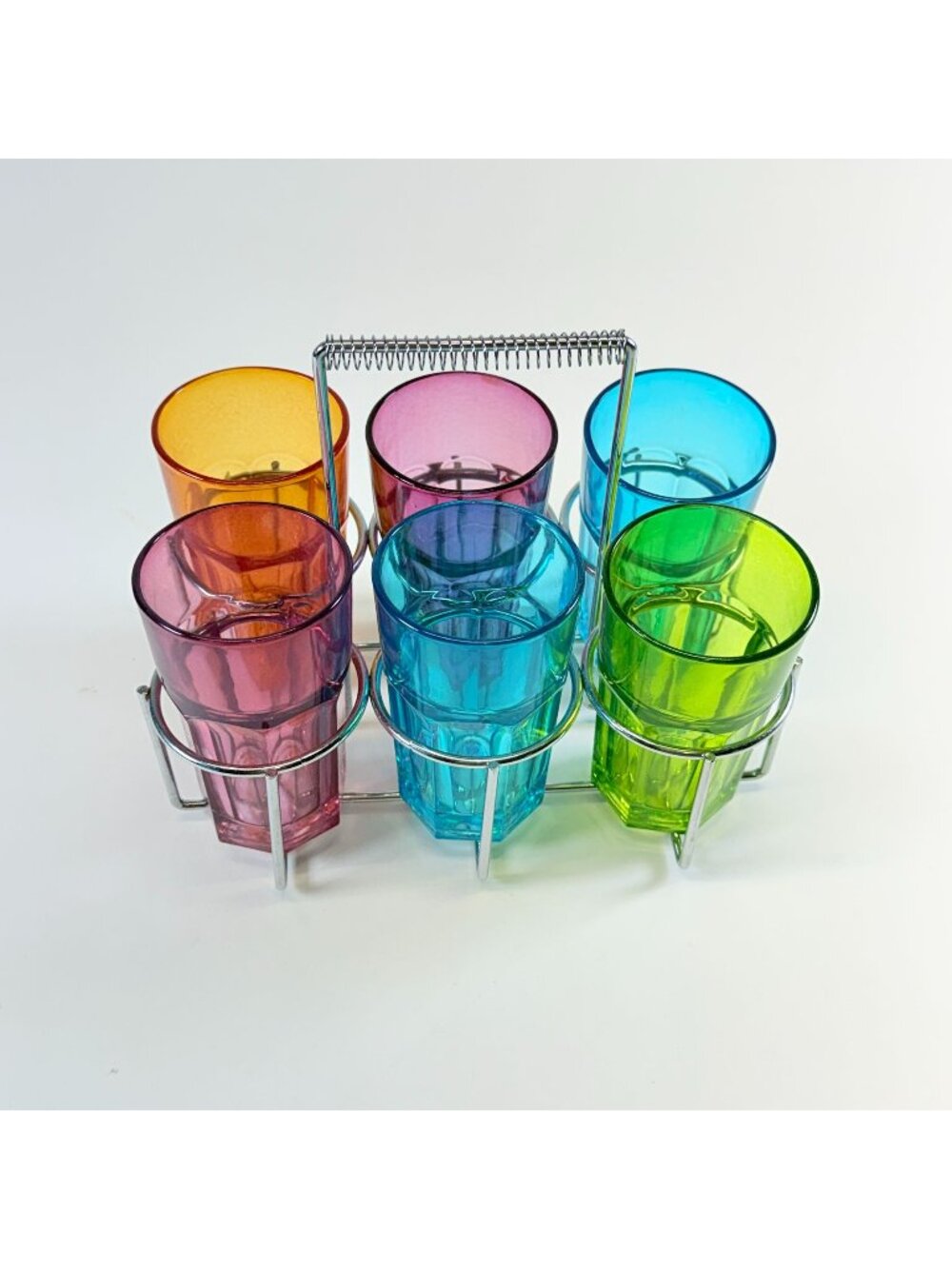 Set Of 6 Colored Glass 6 oz Tumblers With Chrome Metal Holder Retro Design